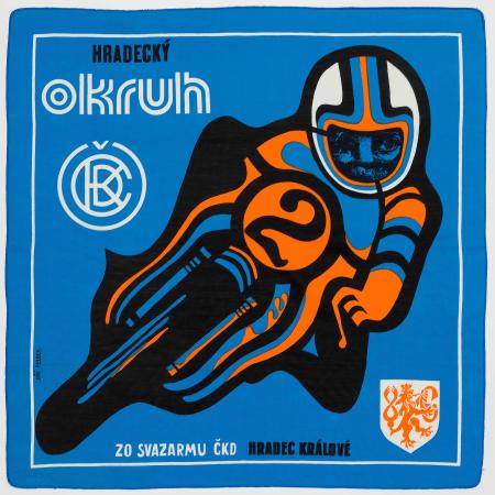 Propagační šátek motocyklového závodu Hradecký okruh, 70. léta 20. století tisk na bavlně