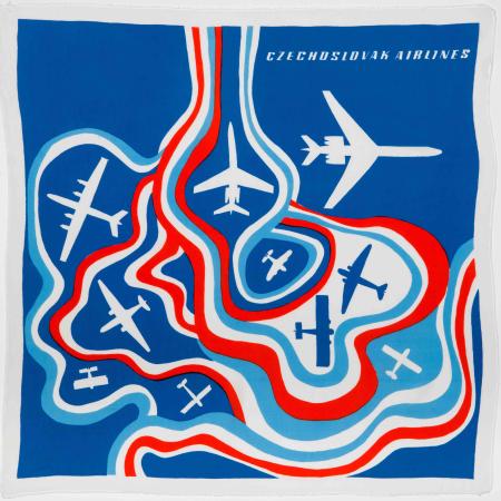 Propagační šátek Československých aerolinií, 1. polovina 70. let 20. století tisk na hedvábí pravděpodobně Zádruha, družstvo lidové a umělecké výroby, Praha