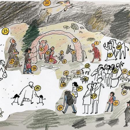 Nákres betlému s figurkami k adopci (volná je už jen krajina). Prezident je vpravo dole