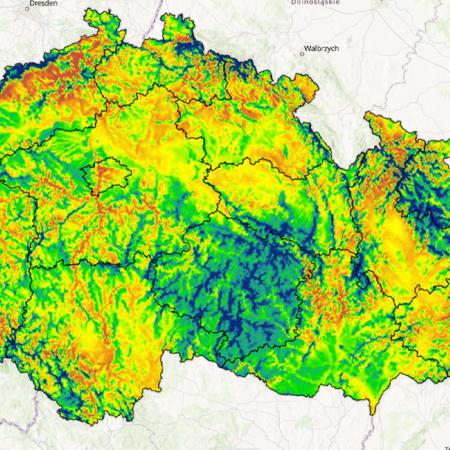 Mapa ČR s vyznačená s prům. rychlostí větru ve 100m nad povrchem