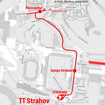 Trasa plánované tramvajové trati mezi Malovankou a Strahovem