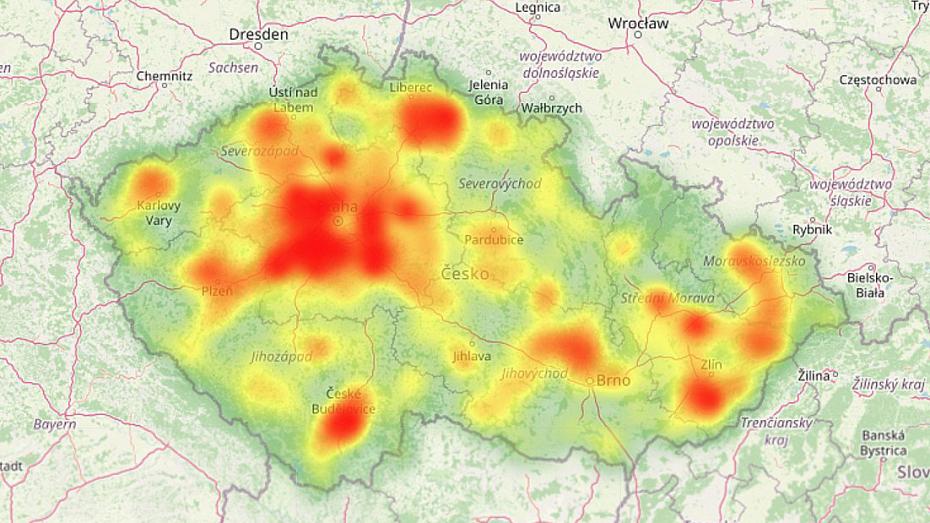 Mapa aktivity klíšťat na území České republiky, červeně jsou znázorněna nejvíce zasažená území