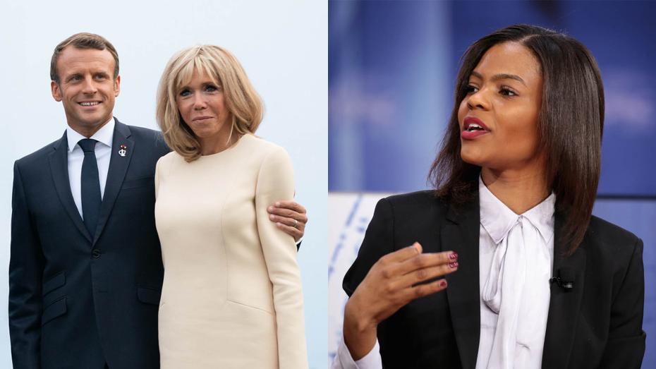 Vlevo francouzský prezident Emanuel Macron s manželkou, vpravo influencerka Candace Owensová