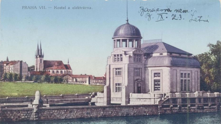 Vodní elektrárna Štvanice na historické pohlednici