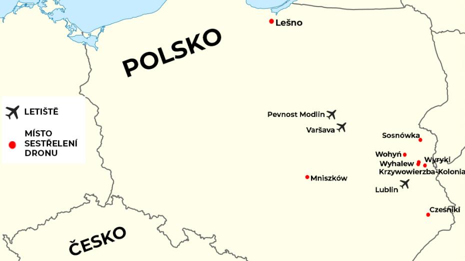 Mapa míst nalezených trosek dronů