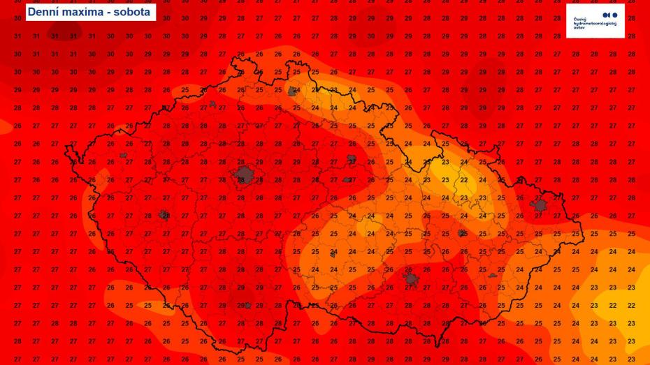 Mapa denní maximálních teplot pro sobotu podle Českého meteorologického ústavu