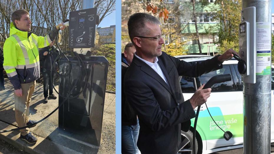 Srovnán nabíjecí stanice v lampě v Praze (vlevo) a v Brně