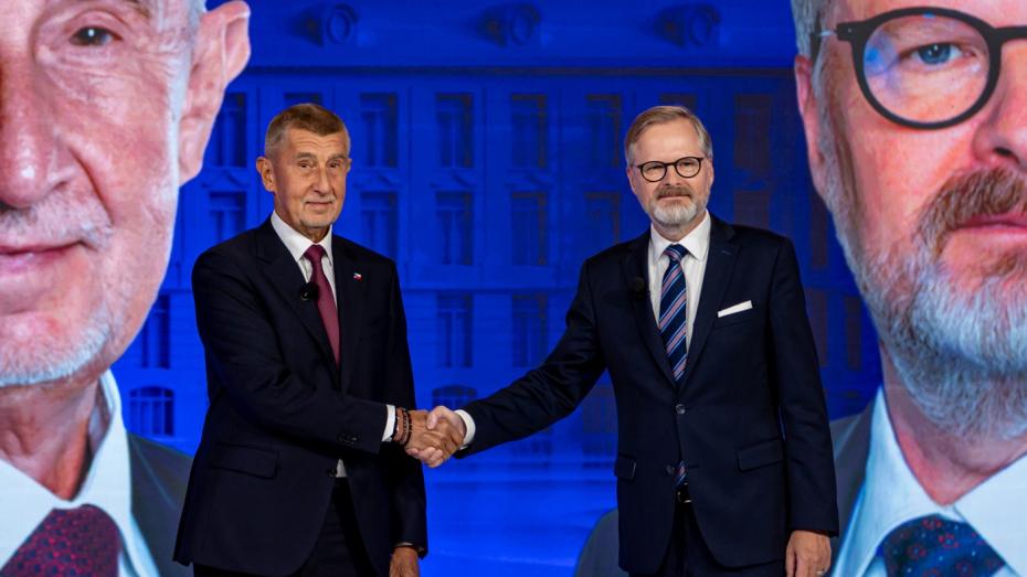 Andrej Babiš a Petr Fiala v předvolební debatě TV Prima