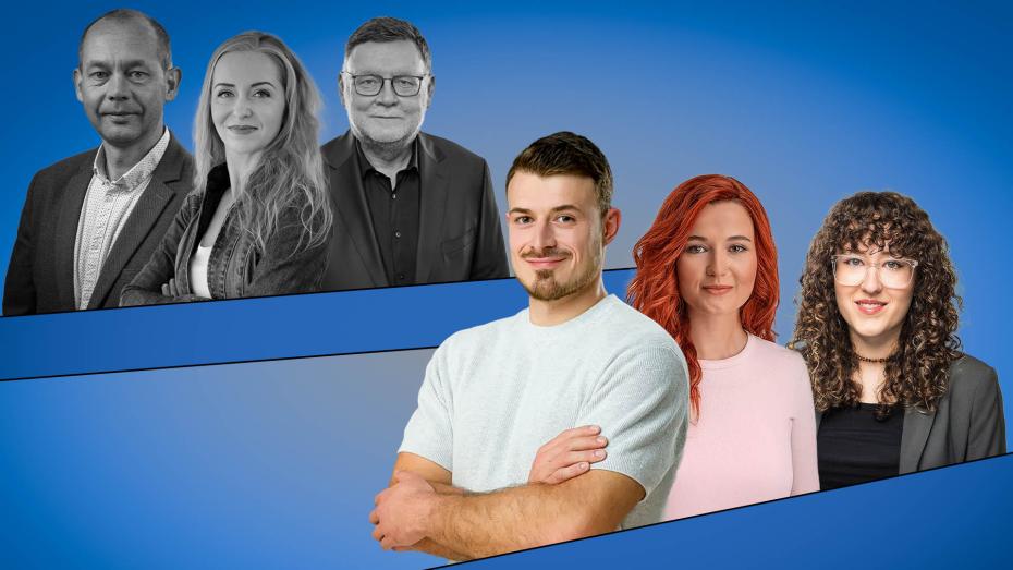 ilustrační koláž - zleva Petr Kulhánek, Karla Maříková, Zbyněk Stanjura, dole Samuel Volpe, Katerina Demetrashvili a Julie Smejkalová
