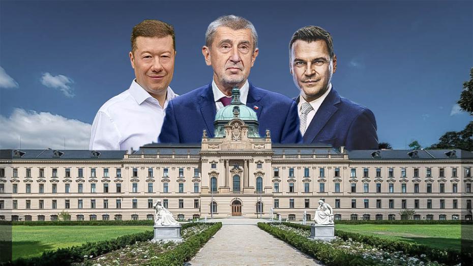 ilustrační koláž - zleva Tomio Okamura, Andrej Babiš, Petr Macinka