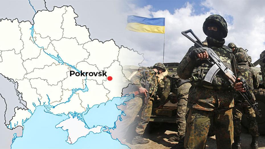 ilustrační koláž - zleva mapa Ukrajiny a zvýrazněný Pokrovsk a ukrajinský voják
