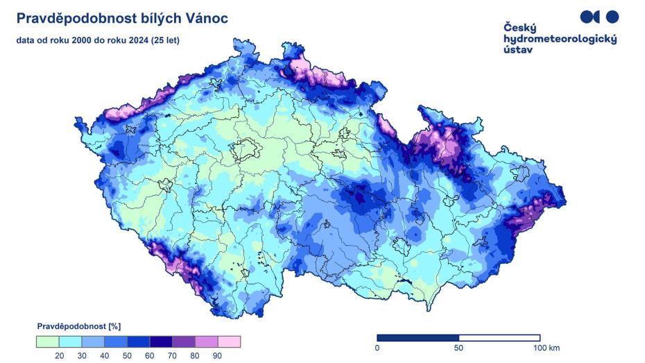 Mapa pravděpodobnosti bílých Vánoc