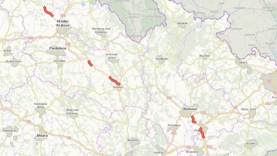 Mapa úseků dálnic otevíraných tento týden