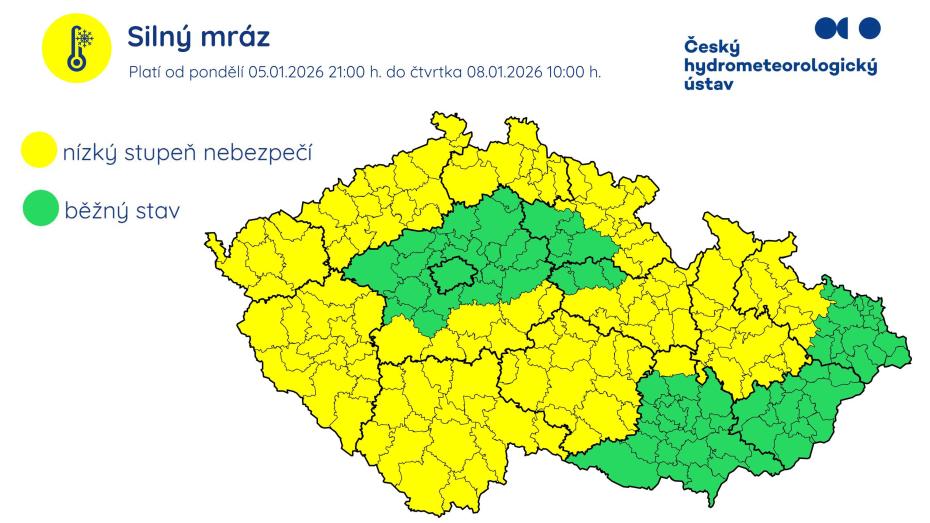 Od pondělí 5. 1. 2026 večer do čtvrtka 8. 1. 2026 dopoledne hrozí na většině území silné mrazy, kdy zejména v noci na úterý, středu a čtvrtek mohou teploty místy klesat pod −12 °C, především v Čechách a severozápadní části Moravy.