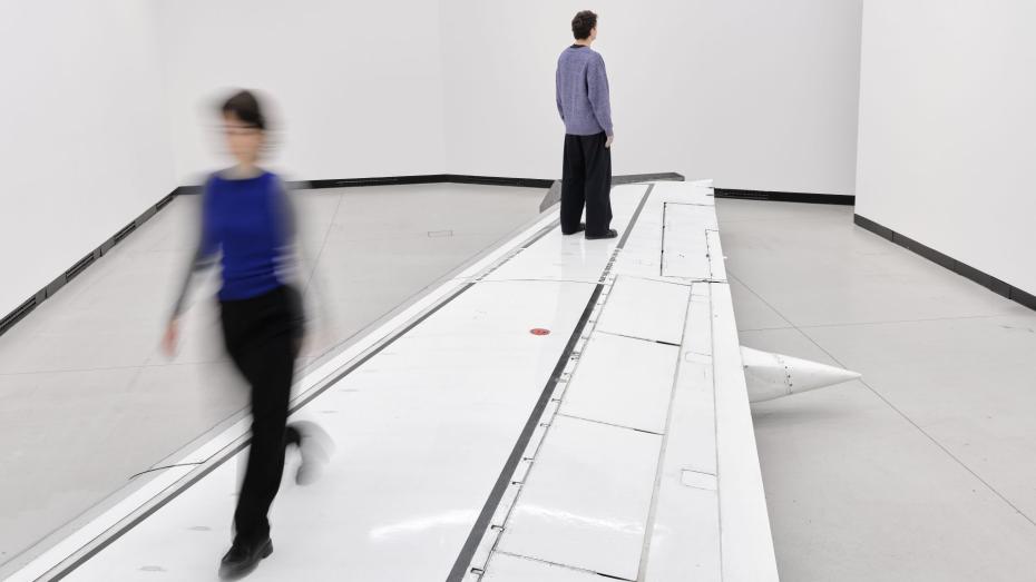 Instalace Romana Ondaka s názvem Do not walk outside this area vybízí k procházce po křídle Boeingu