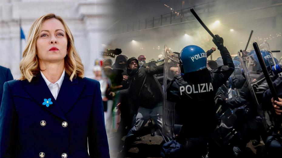 ilustrační koláž - Giorgia Meloni a protesty v Itálii