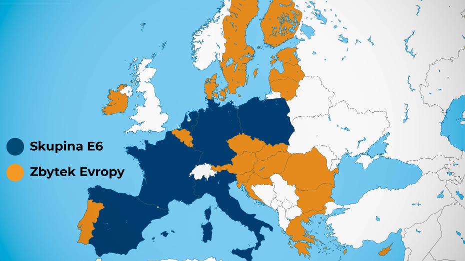 Mapa dvourychlostní Evropy. Tmavě modře státy ve skupině E6, oranžově ostatní státy.