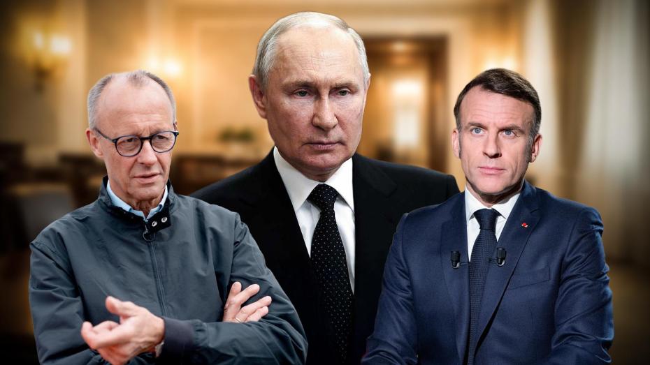 ilustrační koláž - Friedrich Merz, Vladimir Putin a Emmanuel Macron
