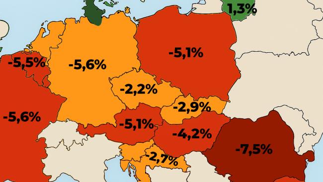 Mapa schodku státního rozpočtu evropských zemí, kde si Česko vede lépe, než některé jiné země (např. Rumunsko)
