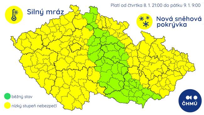 Výstražné informace Českého hydrometeorologického ústavu před nadcházejícím sněžením a mrazy