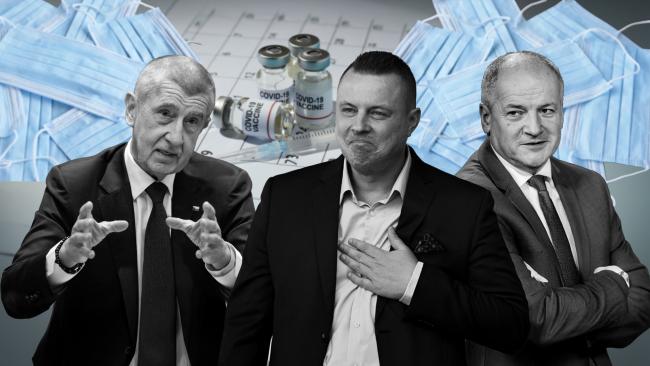 ilustrační koláž - Andrej Babiš, Jindřich Rajchl a Roman Prymula