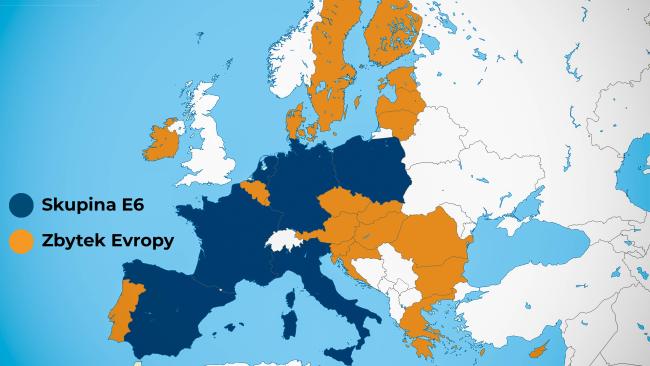 Mapa dvourychlostní Evropy. Tmavě modře státy ve skupině E6, oranžově ostatní státy.