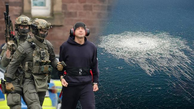 ilustrační koláž - Federální policisté eskortují podezřelého Serhii K., který se údajně podílel na umístění výbušnin potrubí Nord Stream 2