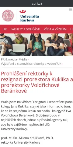 Prohlášení rektorky k rezignaci prorektora Kuklíka a prorektorky Voldřichové Beránkové