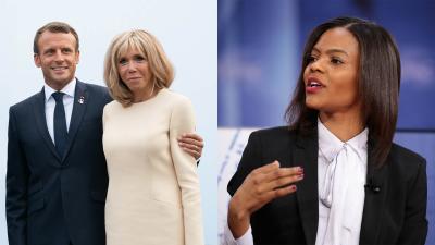 Vlevo francouzský prezident Emanuel Macron s manželkou, vpravo influencerka Candace Owensová
