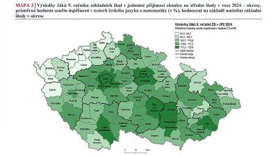 Výsledky žáků 9. třídy v JPZ (čím tmavší barva, tím větší úspěšnost)