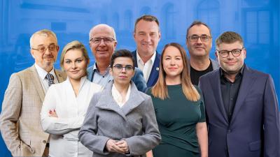 Zleva Marek Bendaa (ODS), Taťána Malá (ANO), Tom Philipp (KDU-ČSL), Olga Richterová (Piráti), Radim Filala (SPD), Michaela Šebelová (STAN), Boris Šťastný (Motorisé) a Jan Jakob (TOP 09).
