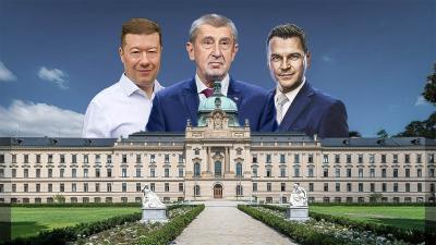 ilustrační koláž - zleva Tomio Okamura, Andrej Babiš, Petr Macinka