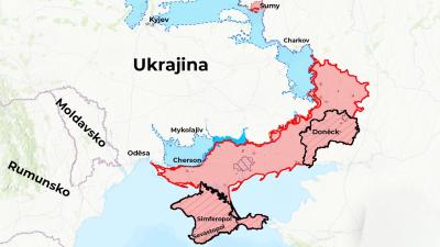 Mapa Ukrajiny (červeně posouzený postup Ruska)