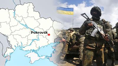 ilustrační koláž - zleva mapa Ukrajiny a zvýrazněný Pokrovsk a ukrajinský voják