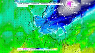 Mapa teploty, proudění a geopotenciál v hladině 850 hPa