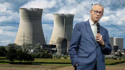 ilustrační koláž - Friedrich Merz a Gundremmingen, jedna z odstavených jaderných elektráren