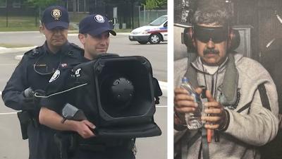 Vlevo torontská policie demonstruje LRAD (Long Range Acoustic Device), vpravo zatčení Nicoláse Madurova