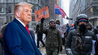 ilustrační koláž - Donald Trump a protesty v Chicagu kvůli situaci Minneapolis