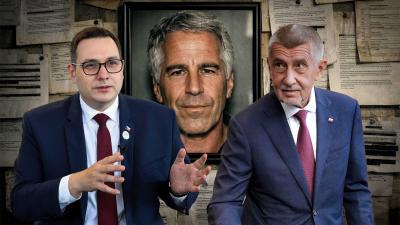 ilustrační koláž - Jan Lipavský a Andrej Babiš, za nimi Jeffrey Epstein